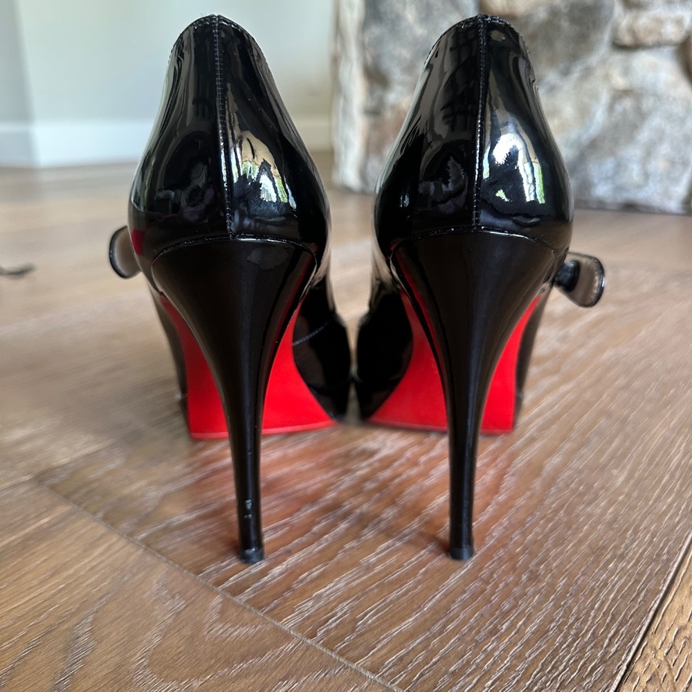 Authentic Christian Louboutin Black Patent Mary Jane Peep Toe Platform Heels - Picture 9 of 16